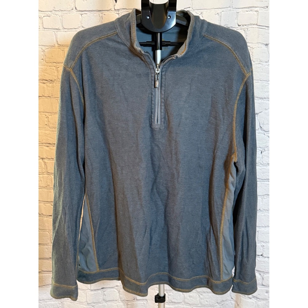 Tommy Bahama Jeans Mens Reversible Quarter Zip Pullover Blue Gray Cotton Tencel